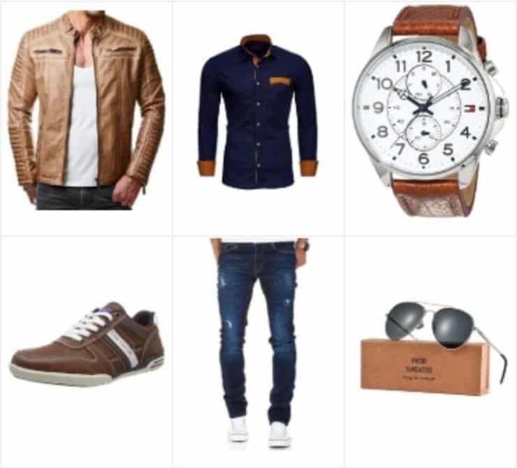 Mode-outfit voor heren met bruin leren jack, een must voor elke garderobe.