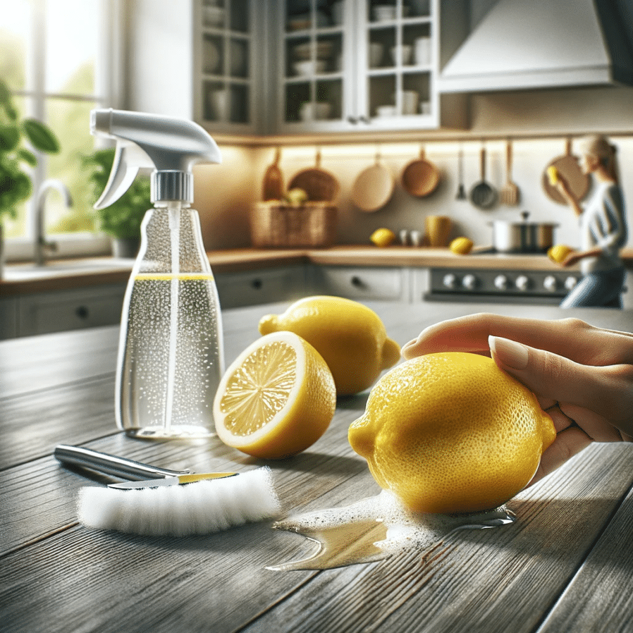 DALL·E 2023 12 29 09.22.16 En fotorealistisk bild som illustrerar användningen av en citron som köksrengöring. Scenen ska föreställa en köksmiljö med en person som använder en lemo